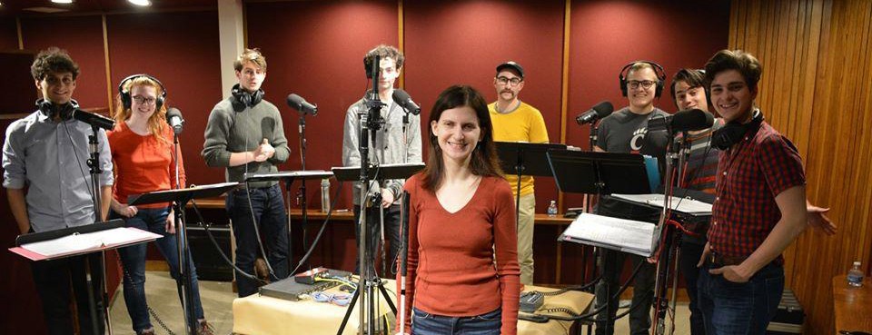 Cast members for the "O'Toole From Moscow" radio play in the WVXU recording studio