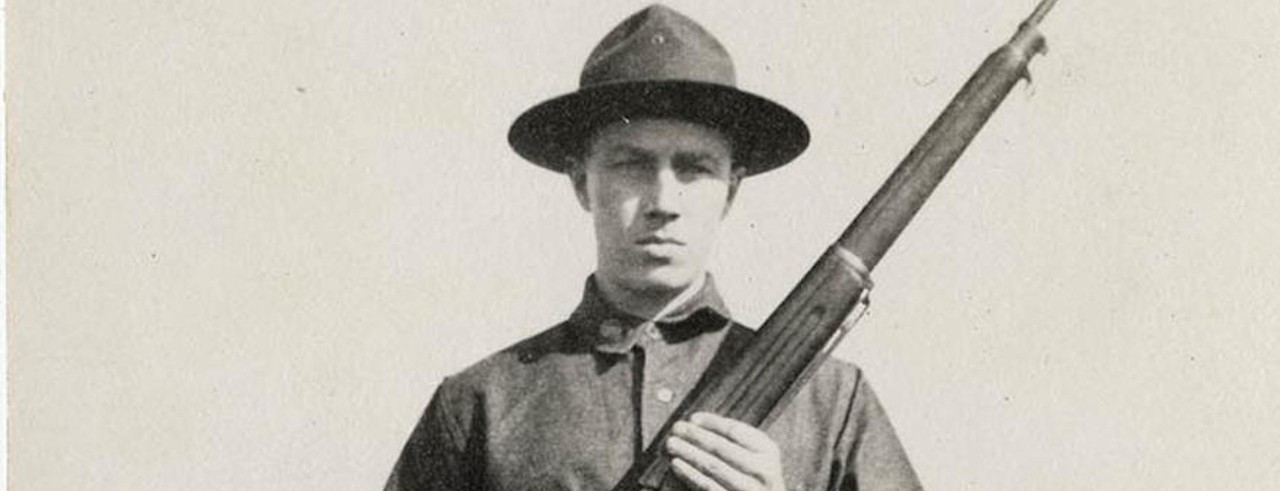 Donald Wallace holding his weapon in 1918