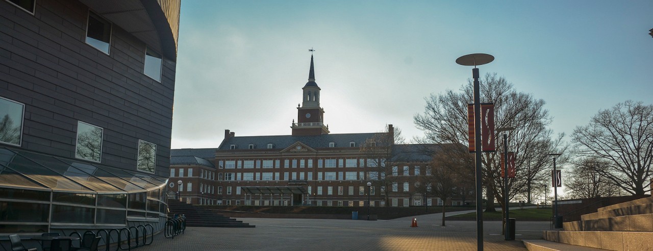 Empty campus with UC's Engineering Research Center and Lindner College of Business buildings