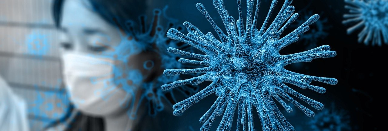 a woman wearing a mask is in a graphic with a close-up of a virus