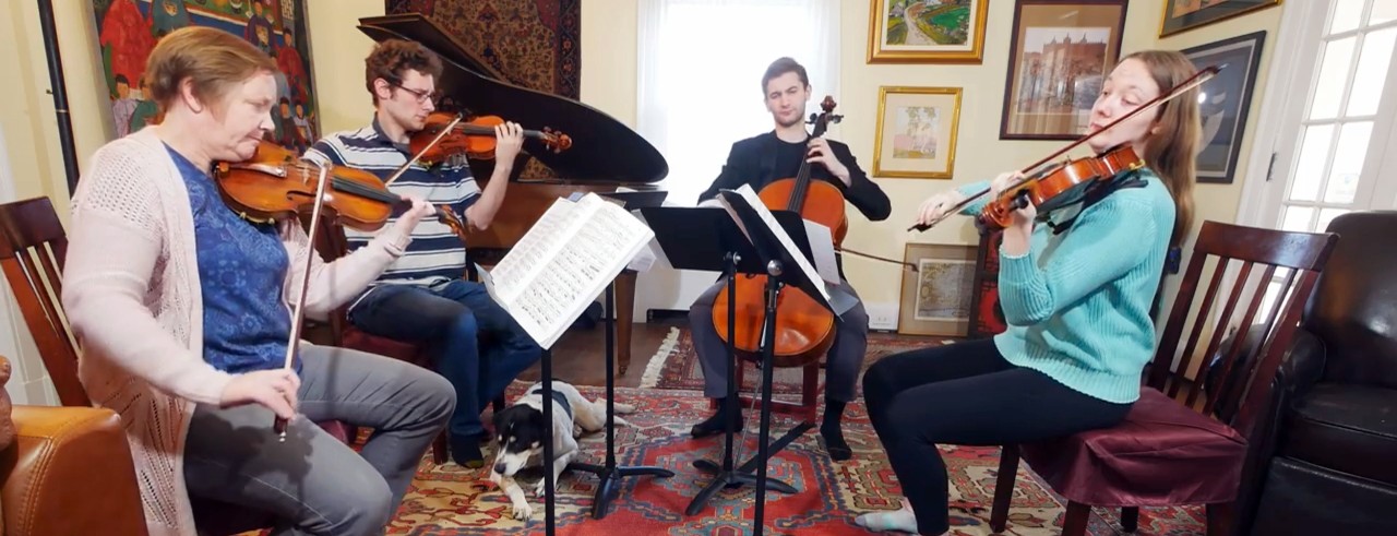 String musicians perform a quartet in their living room