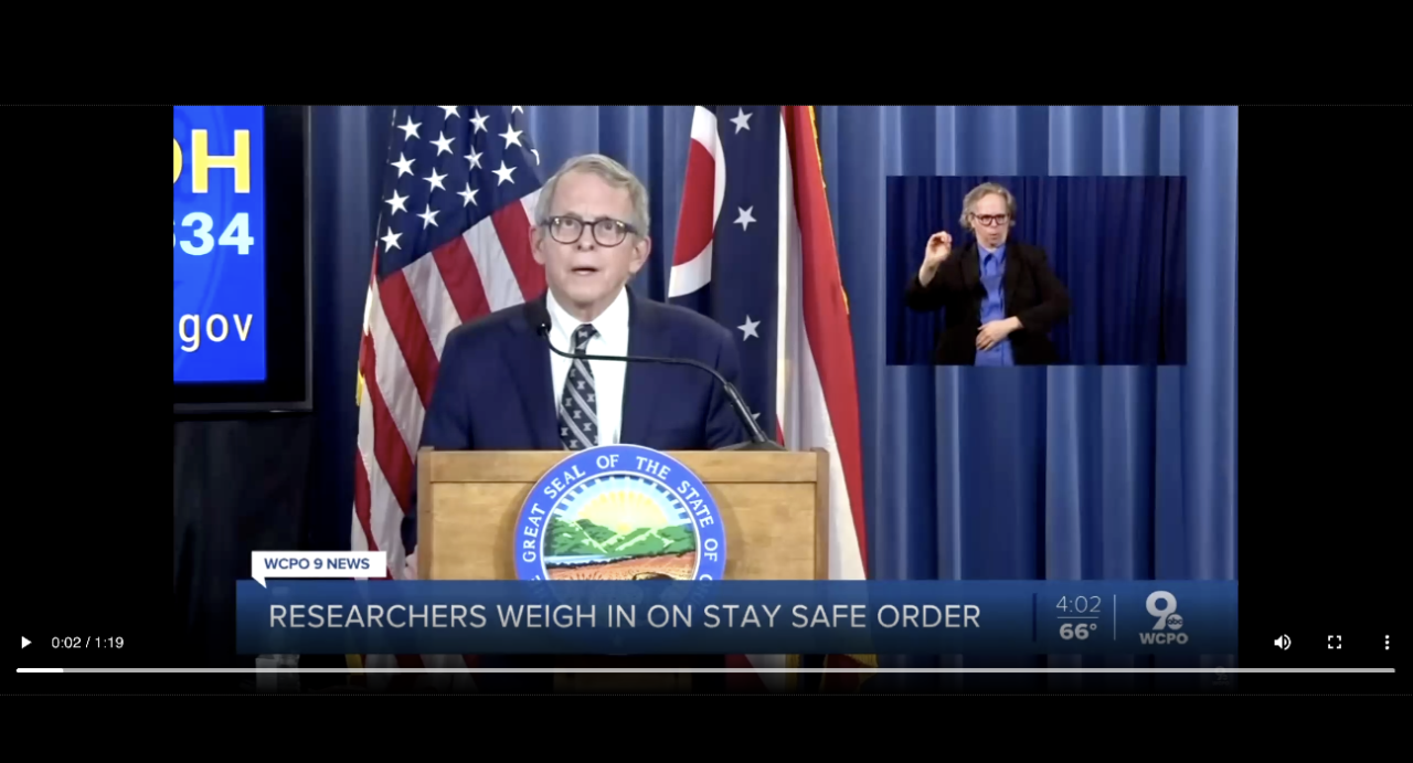 A screenshot from WCPO shows Ohio Gov. Mike DeWine talking about COVID-19 with the banner "Researchers weigh in on stay safe order."