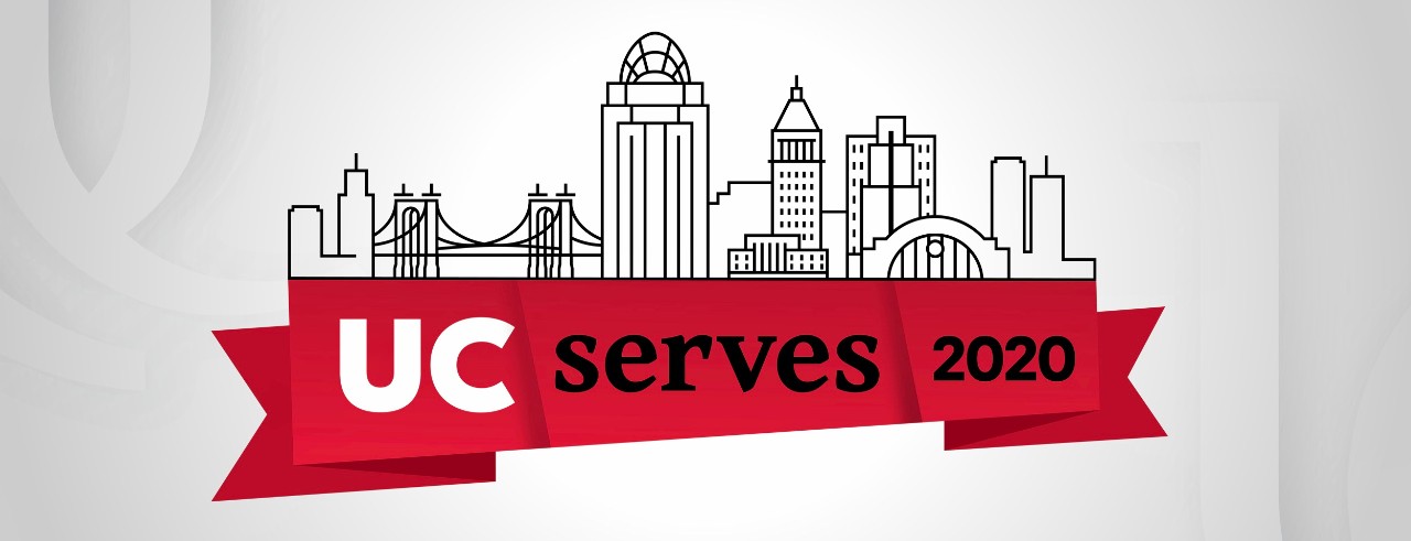 Graphic of Cincinnati skyline on top of a red banner reading, "UC Serves 2020."