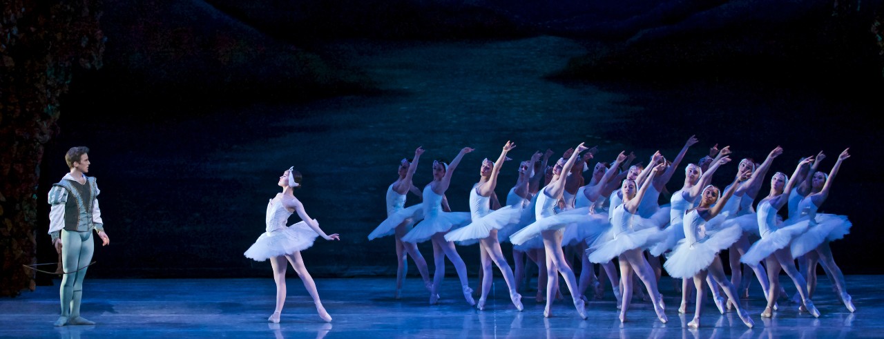 Ballerinas on stage during "Swan Lake"