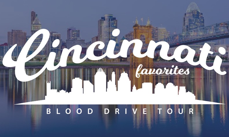 Photo of Cincinnati Skyline  at night with white overlay of Cincinnati Favorites Blood Drive Tour logo