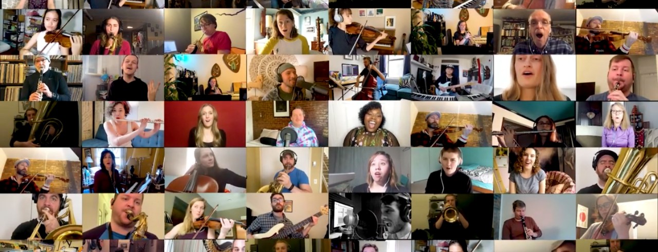 A screenshot of artists participating in the virtual performance of "Holding On"