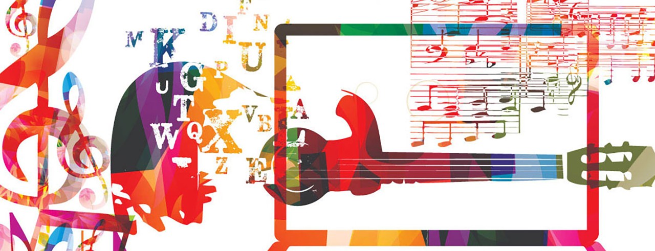 A colorful graphic of a guitar, computer and music notes