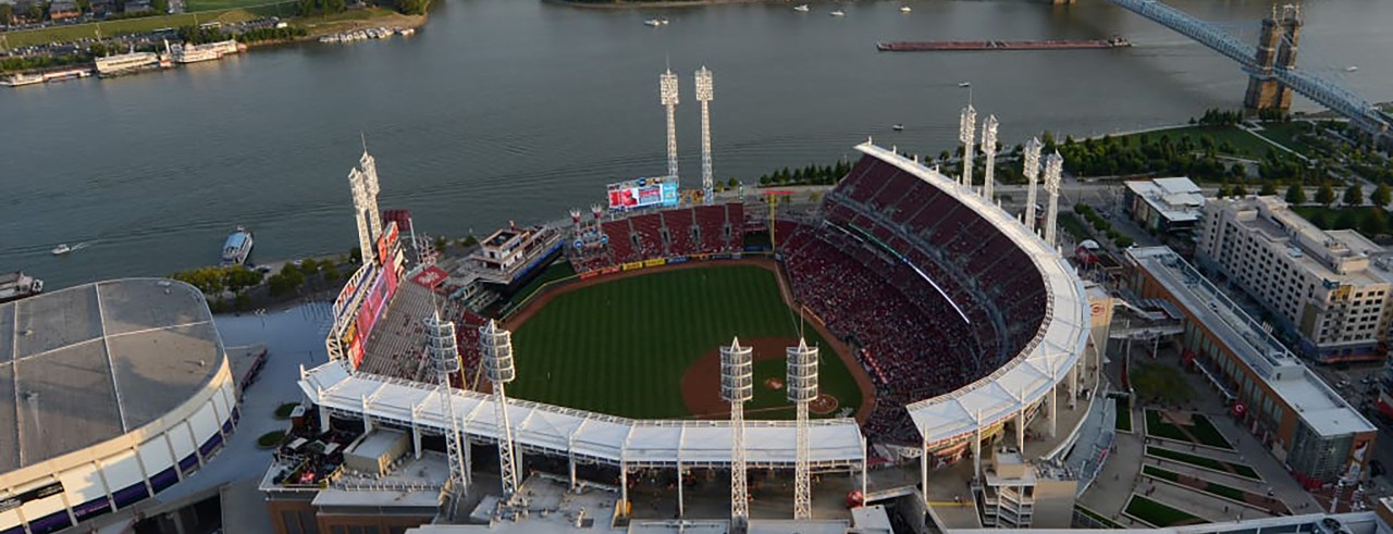 An aerial view of the Great American Ball Park.
