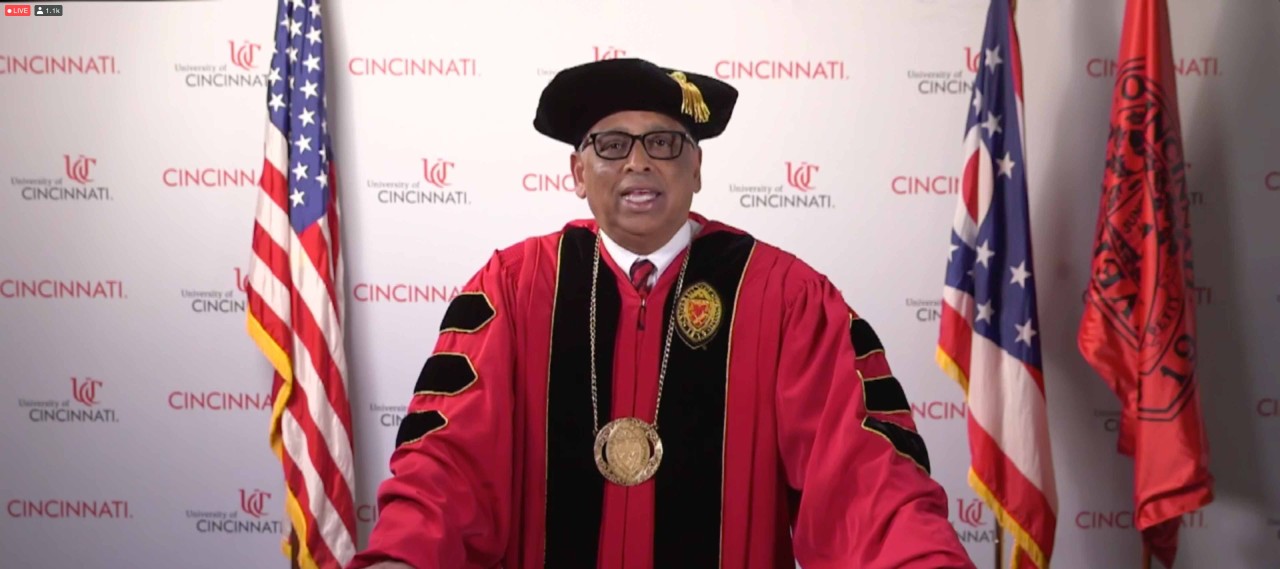 President Neville Pinto delivers his commencement address during UC's virtual commencement.