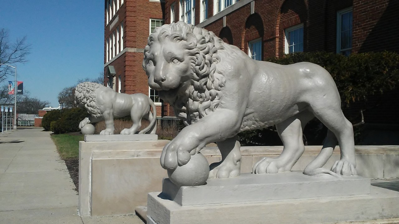 The iconic lions outside UC's College of Arts and Sciences.