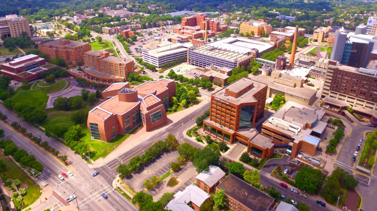 aerial view of the east side of UC's campus