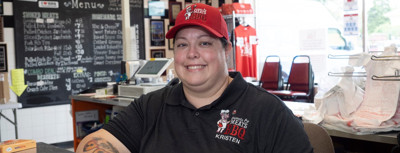 Kristen Bailey, also known as “Lady Boss” of Sweets and Meat’s BBQ, pictured in her Mt. Washington carry-out restaurant.