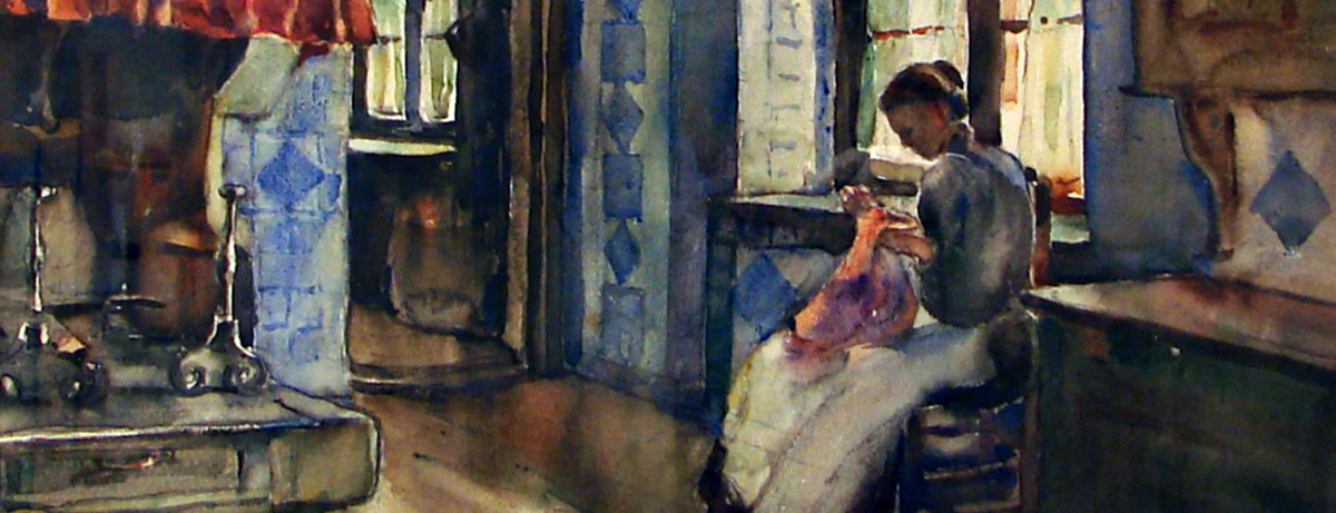 painting of woman doing needlework