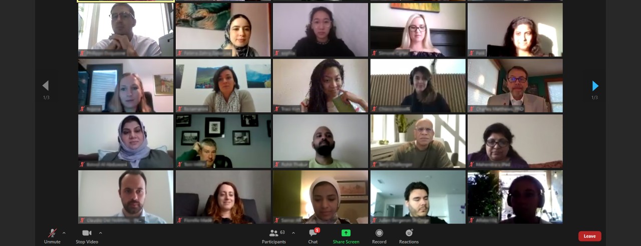 A screenshot shows the gallery tile view of a Zoom meeting with 20 people looking into their computer cameras against 20 different backdrops.