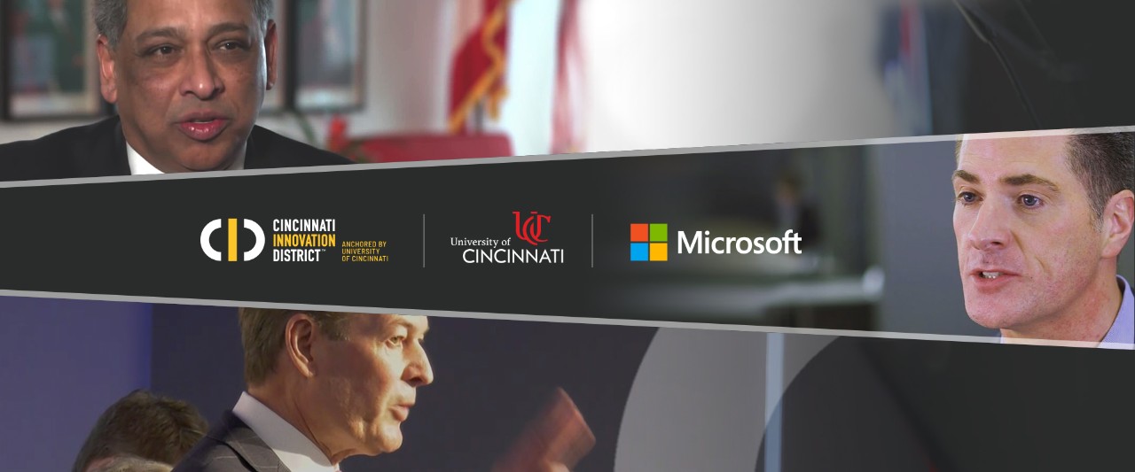 Three images of men speaking stacked horizontally, with the middle image containing logos for UC, Microsoft Education and the Cincinnati Innovation District