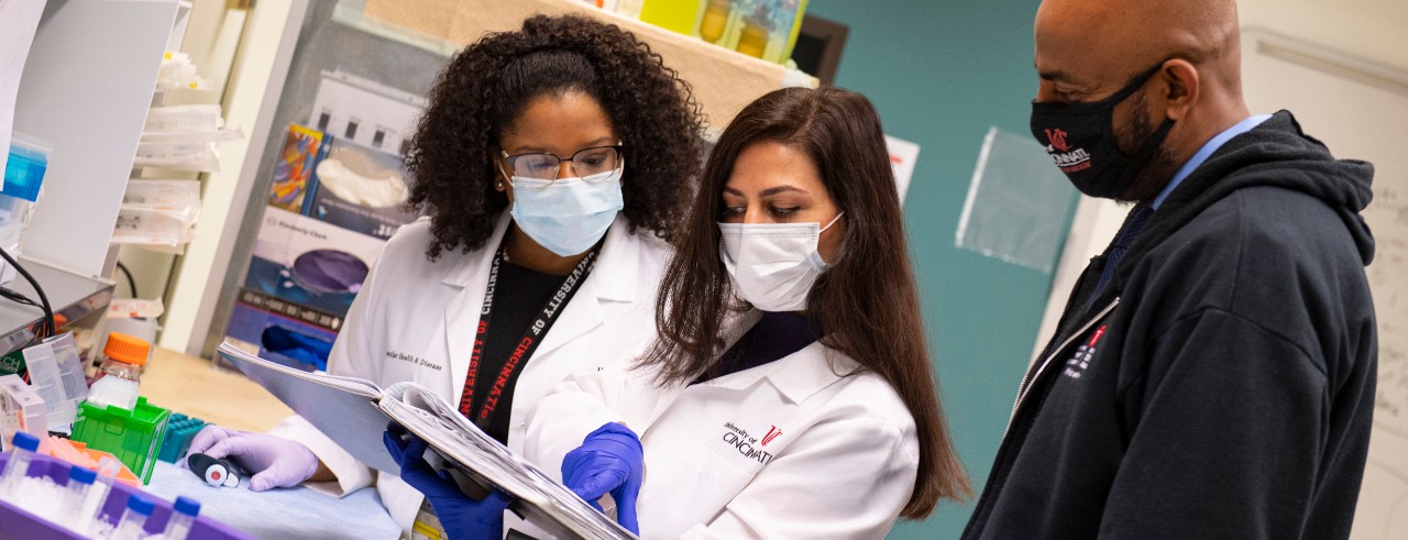 Brittany Duncan, Sholeh Bazrafshan, MD, and Sakthivel Sadayappan, PhD, shown in a UC College of Medicine laboratory.