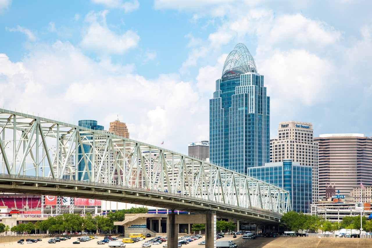 view of the city of Cincinnati on a sunny day