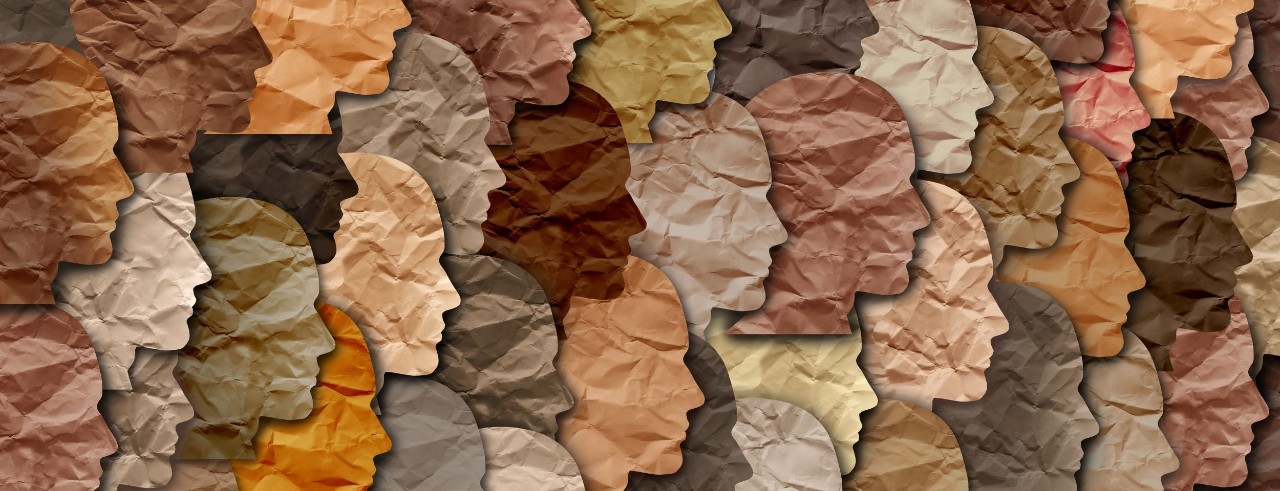 a graphic of layered silhouettes of human heads in a wide array of earth and skin tones that look like they have been 