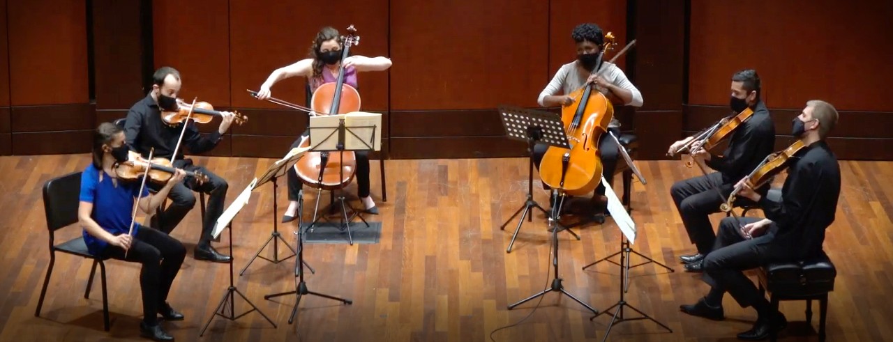 CCM faculty members and students performing in a still from an upcoming digital concert.