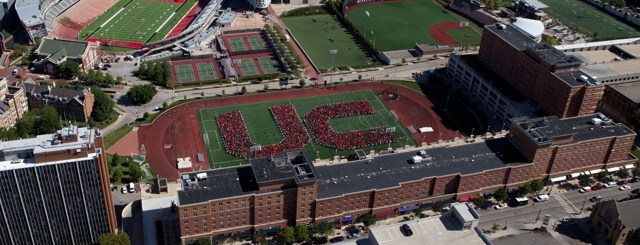 An aerial view of UC's convocation.