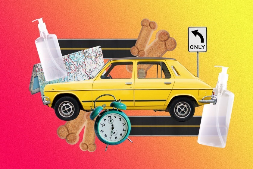 a graphic depicting a road trip, with a car flanked by a clock, dog biscuits, a map, a turn left sign and bottles of hand sanitizer