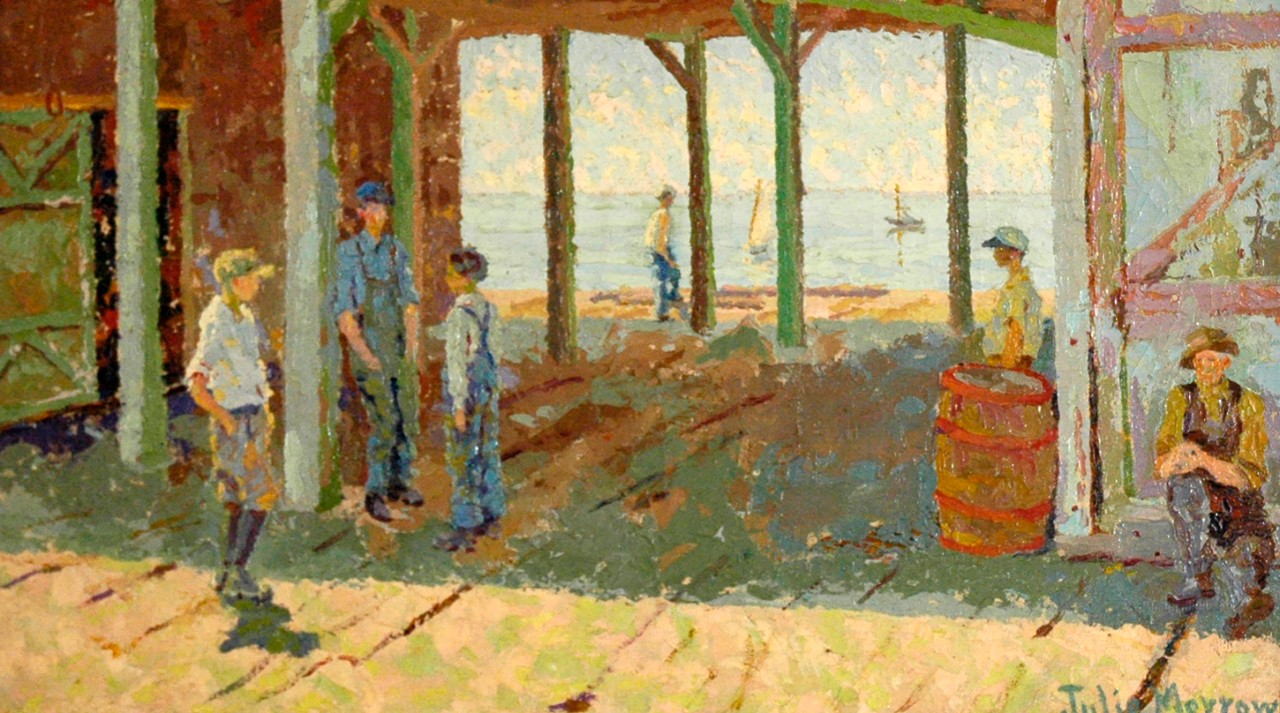 painting of men on a pier