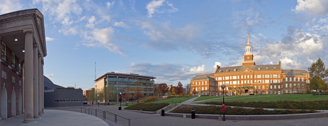 panoramic view of University of Cincinnati showing three major buildings