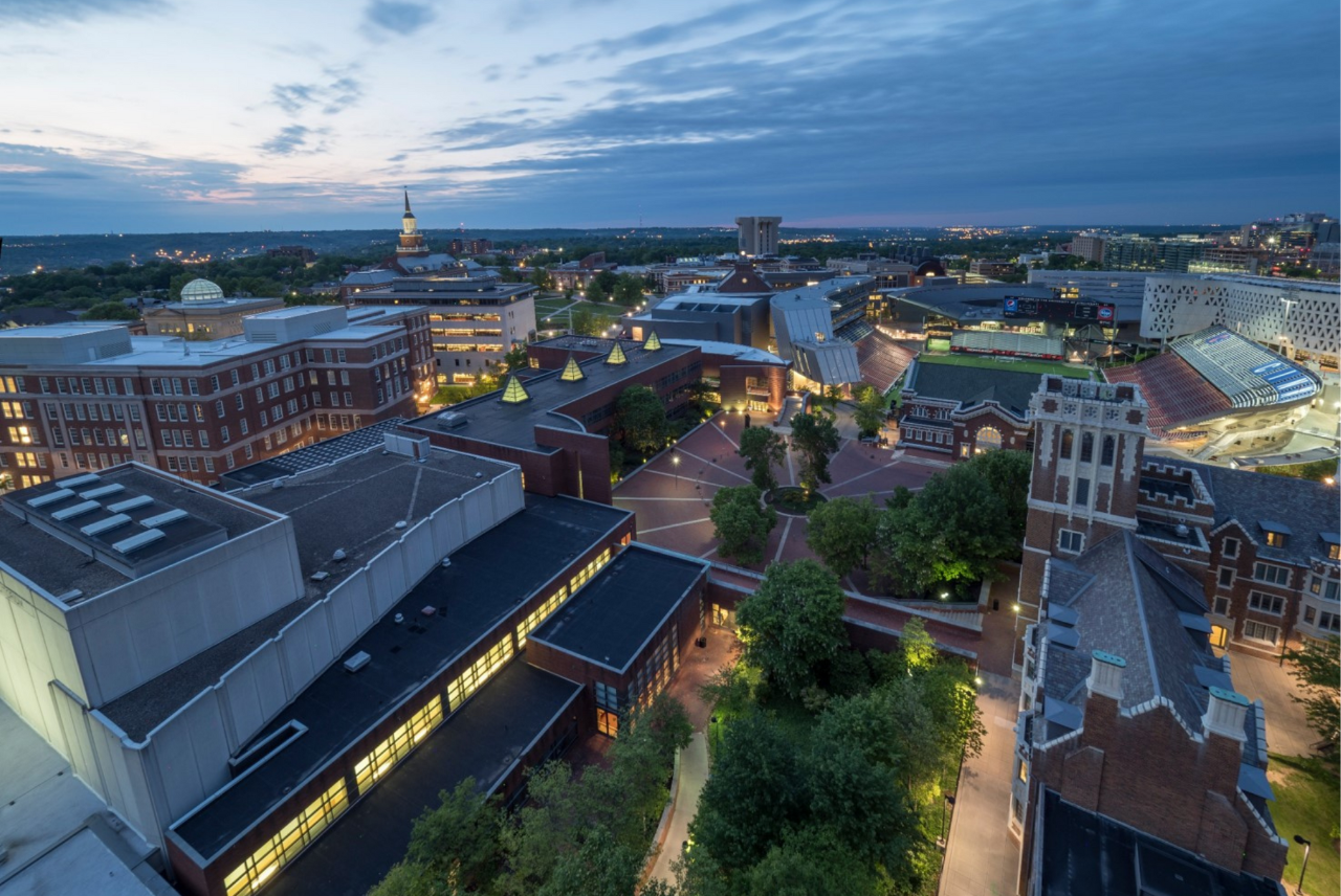 Aerial view of UC campus at night