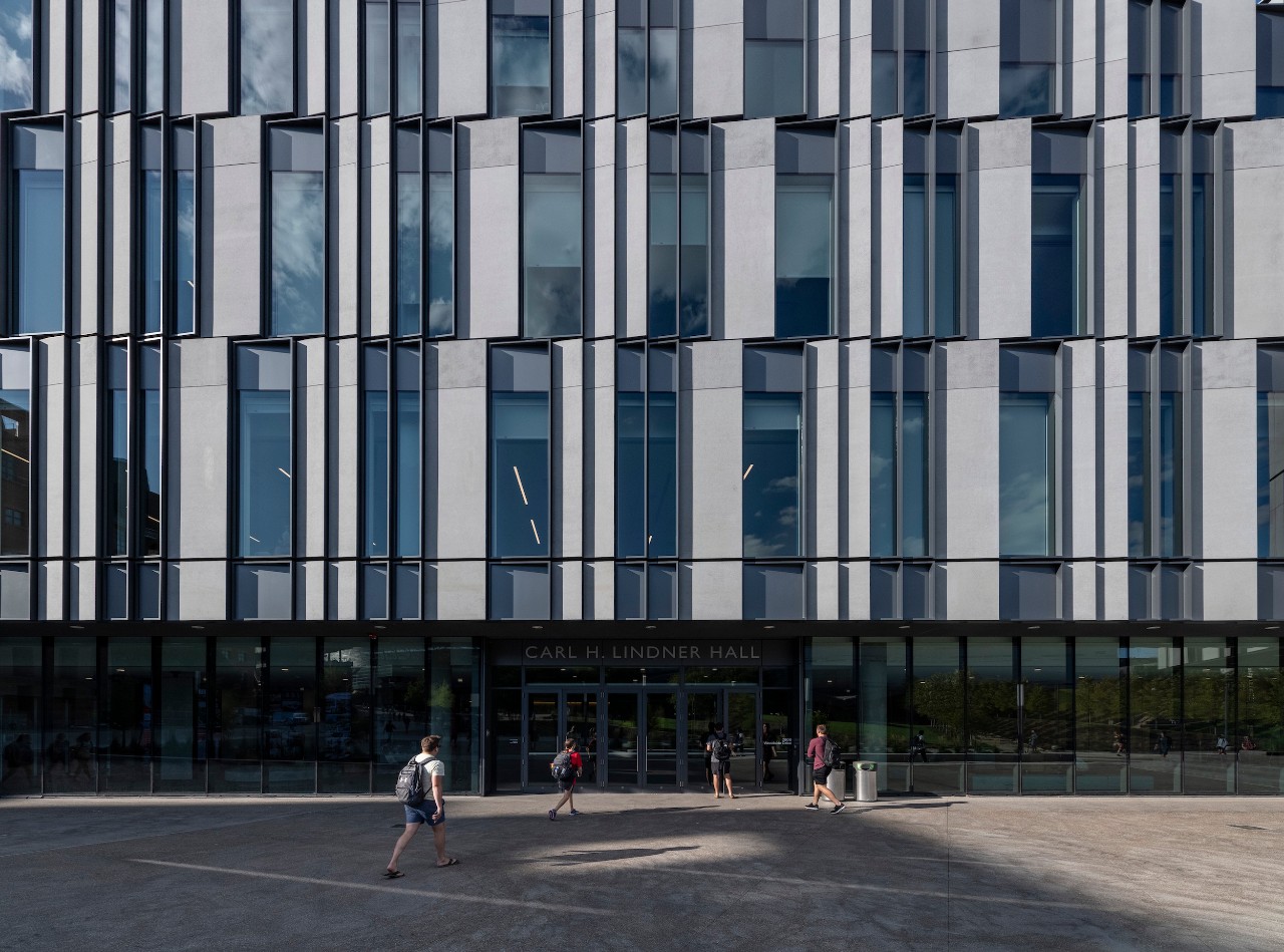 Panels on the exterior of Lindner Hall.