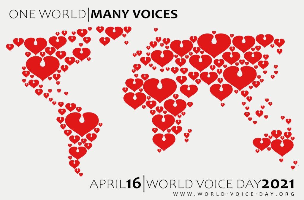a graphic for World Voice Day showing a map of the earth covered in hearts with the title One World/Many Voices