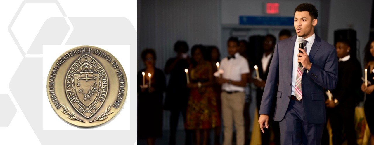 UC 2020 student body president Chandler Rankin speaks on mic in photo on left with image of UC PLME medal on left.