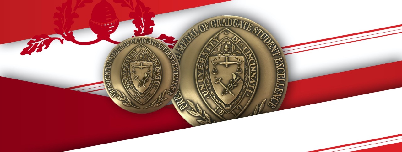 Red and white diagonal ribbons with two UC presidential medal of graduate student excellence