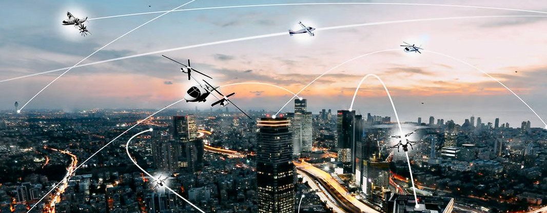 Rendering of aerial drones flying over an urban city.