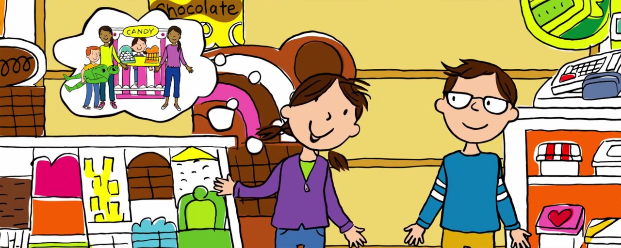 cartoon of children in store making decisions about buying candy