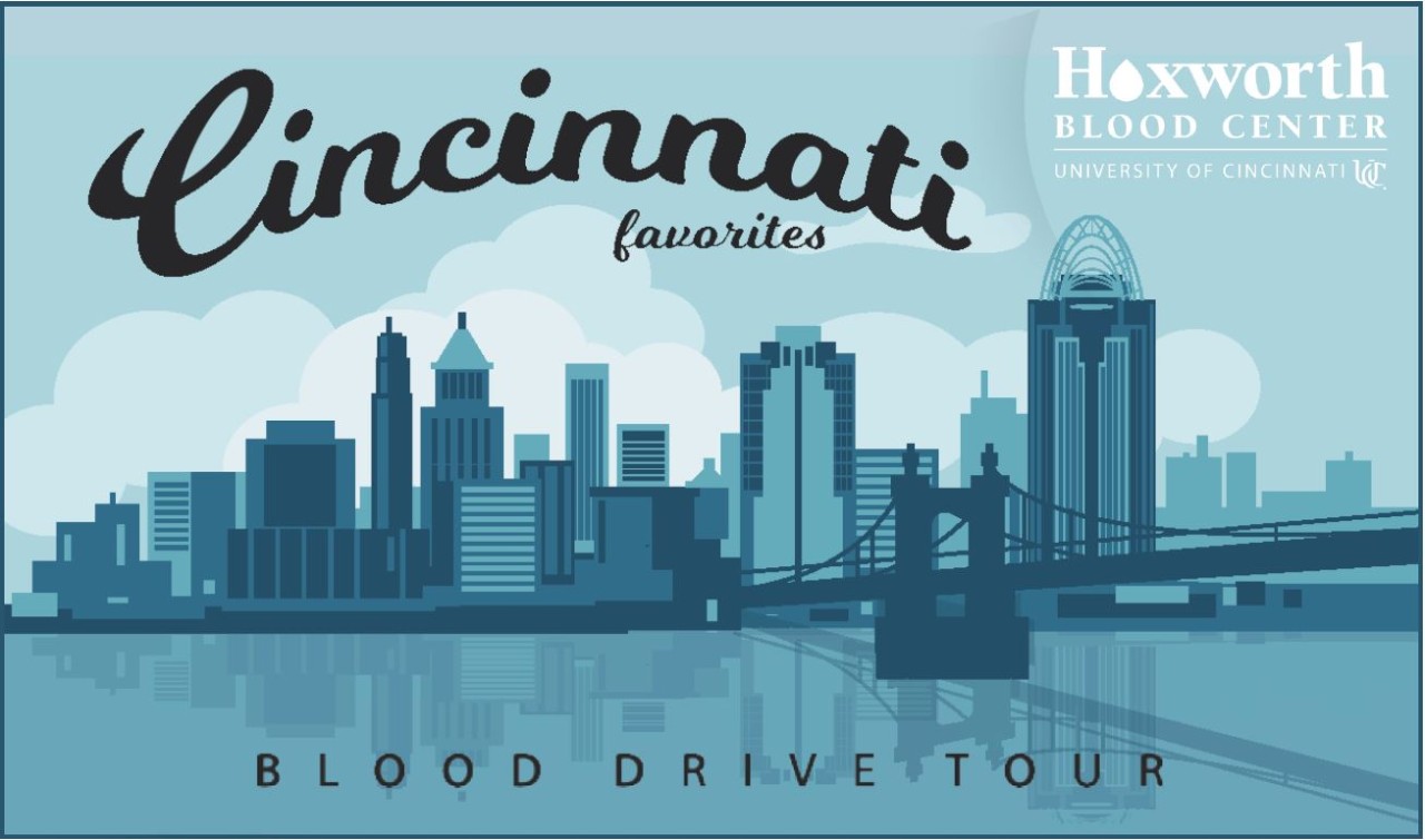 Blue and teal graphic of Cincinnati skyline with Cincinnati Favorites logo overlaid