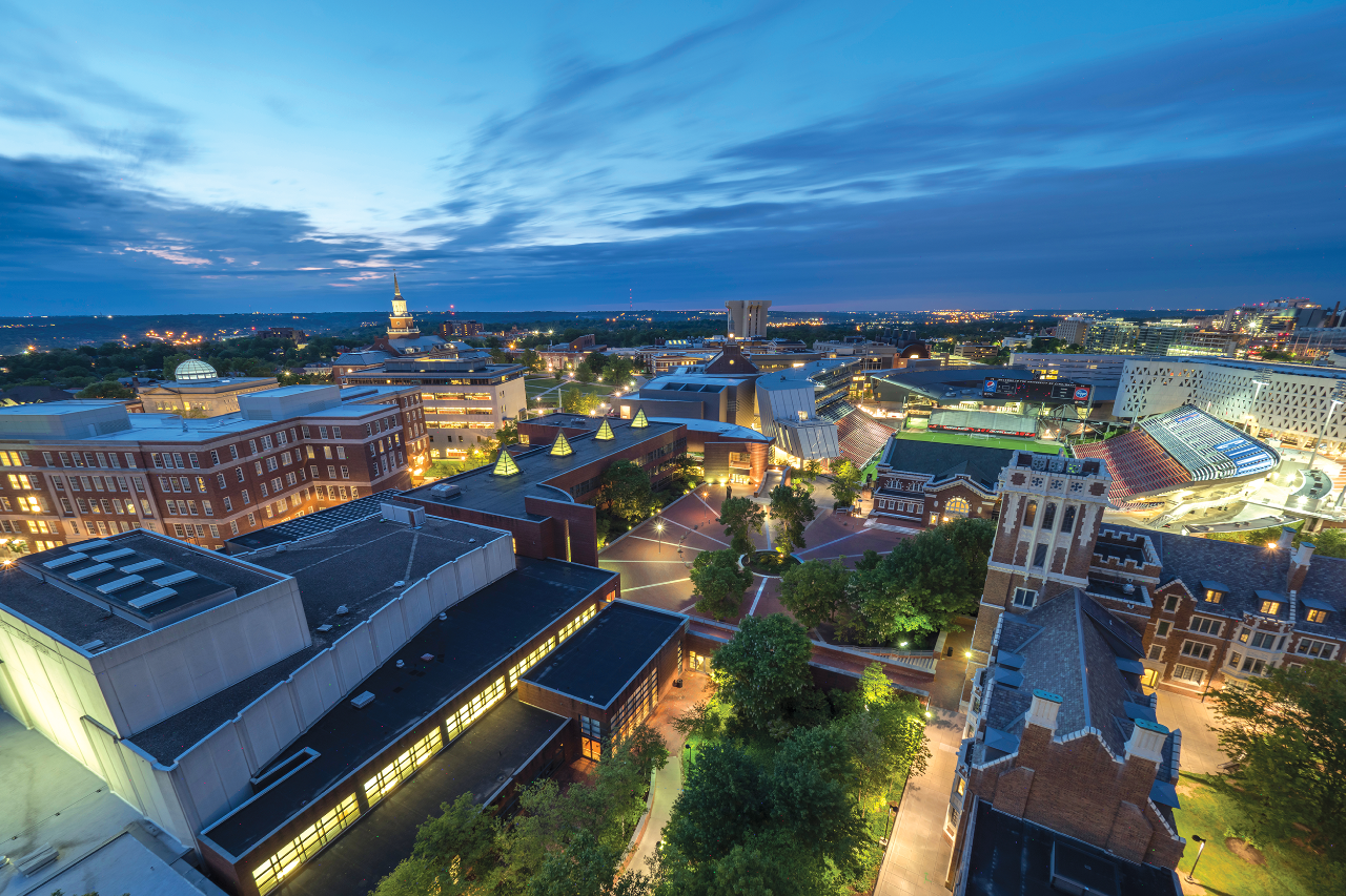 An aerial view of the CCM campus in the evening.