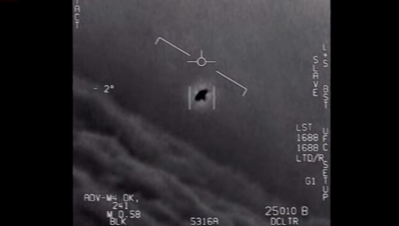 A screenshot of video released by the Pentagon showing an object on an infrared camera taken from the air.