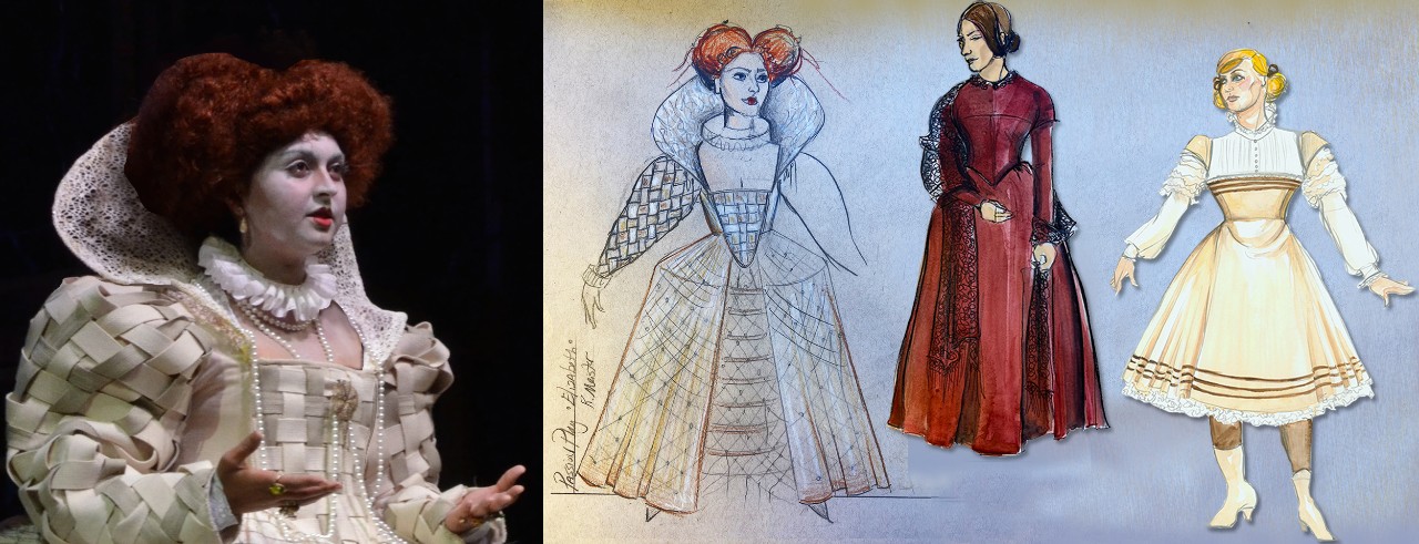 A photograph of a costume designed by new CCM faculty member Elizabeth Payne, along with a compilation of sketches.