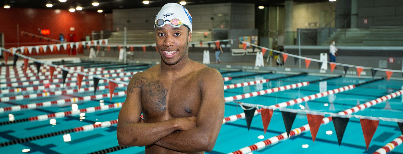 Lawrence Sapp in his swim cap and trunks at the UC rec center pool