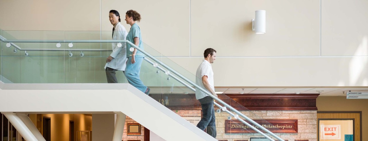 Medical personnel on hospital staircase