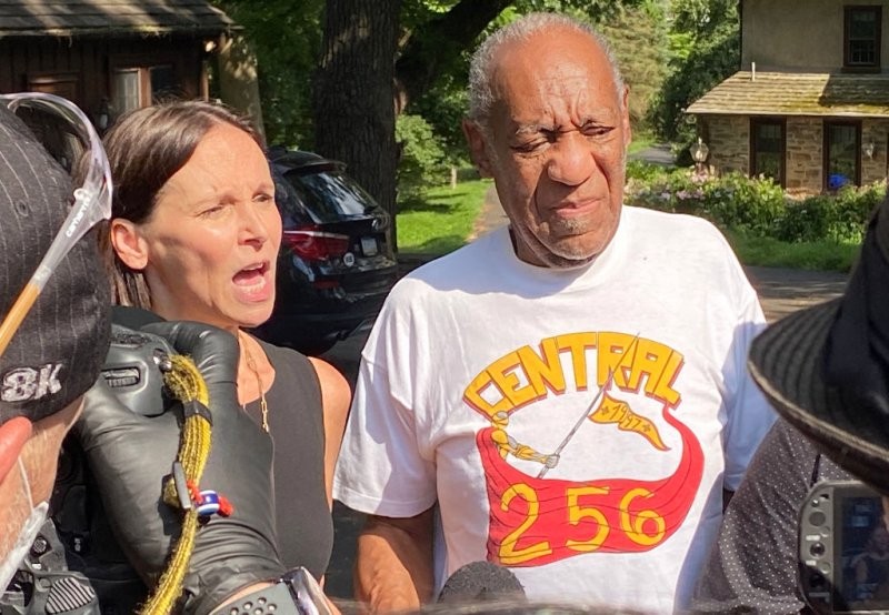 Attorney Jennifer Bonjean and Bill Cosby speak outside Cosby's home on June 30, after Cosby was released from prison