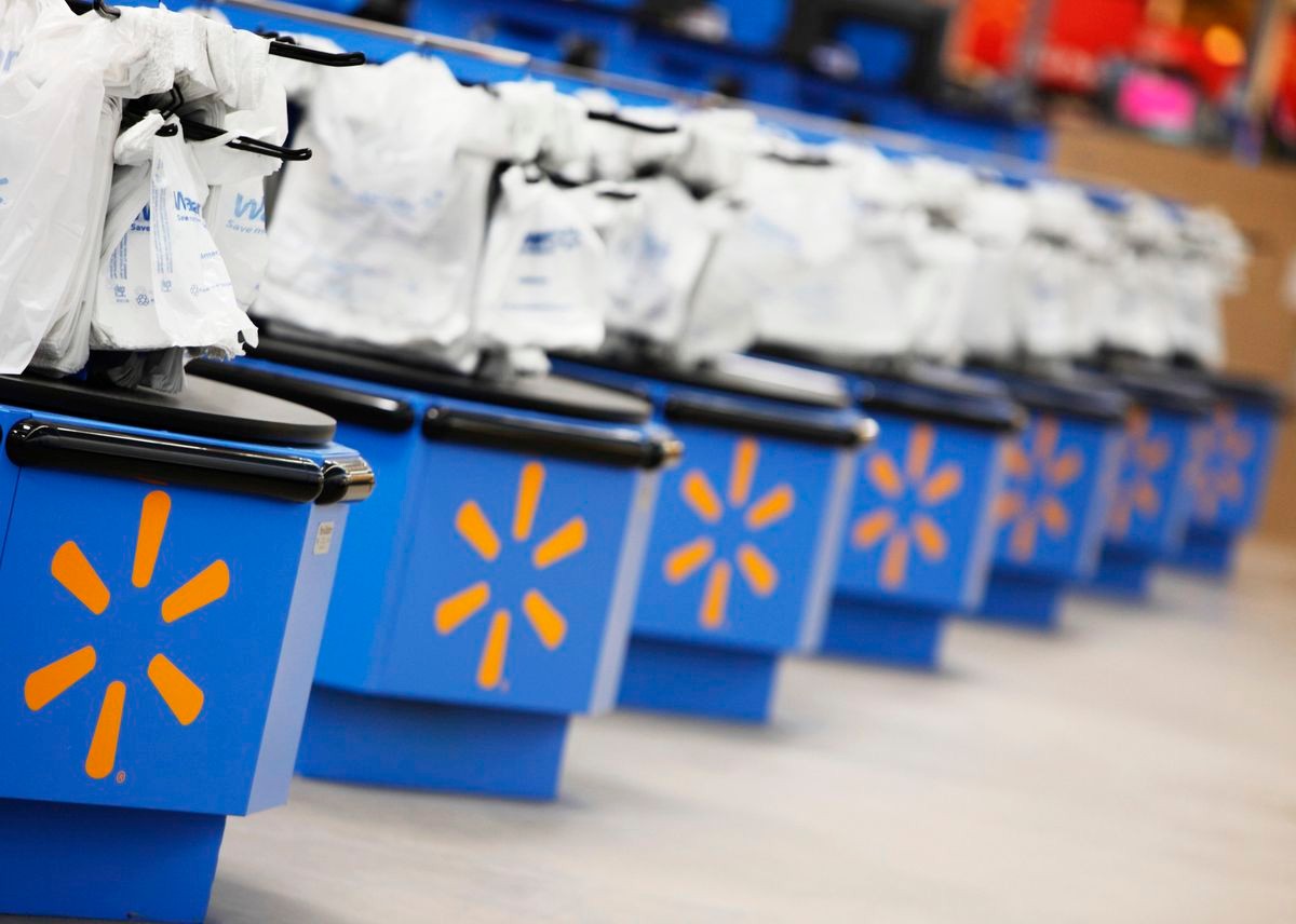 photo shows checkout lanes at a Walmart