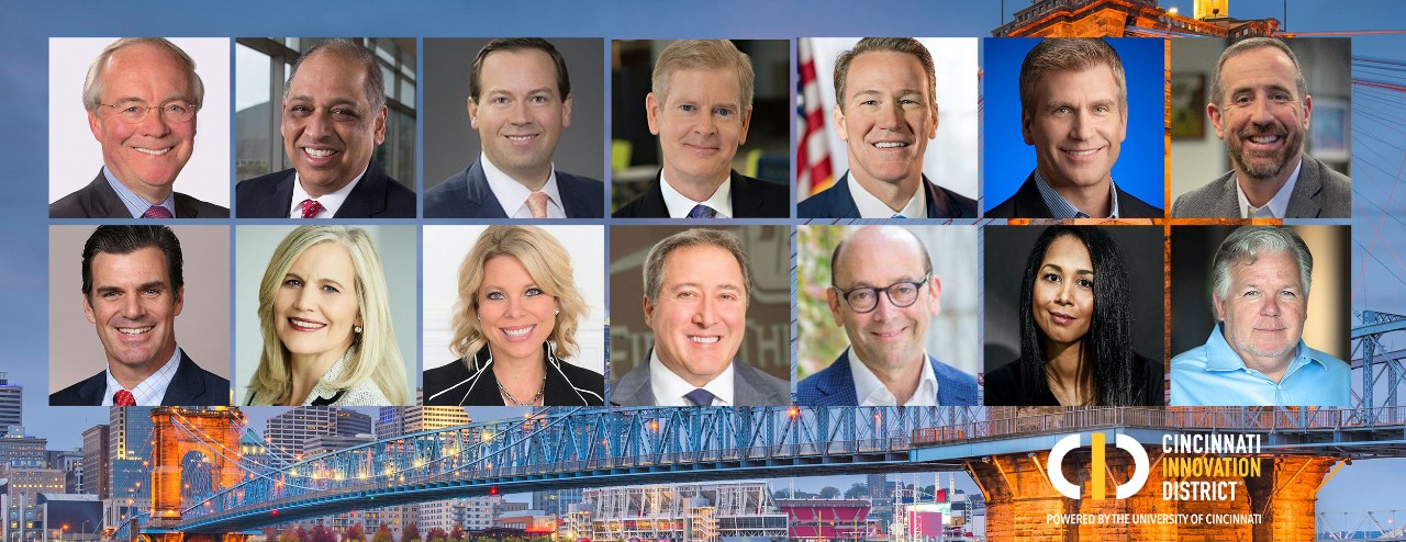 Fourteen head shot portraits of men and women on CID's advisory Board against a background of the city of Cincinnati.