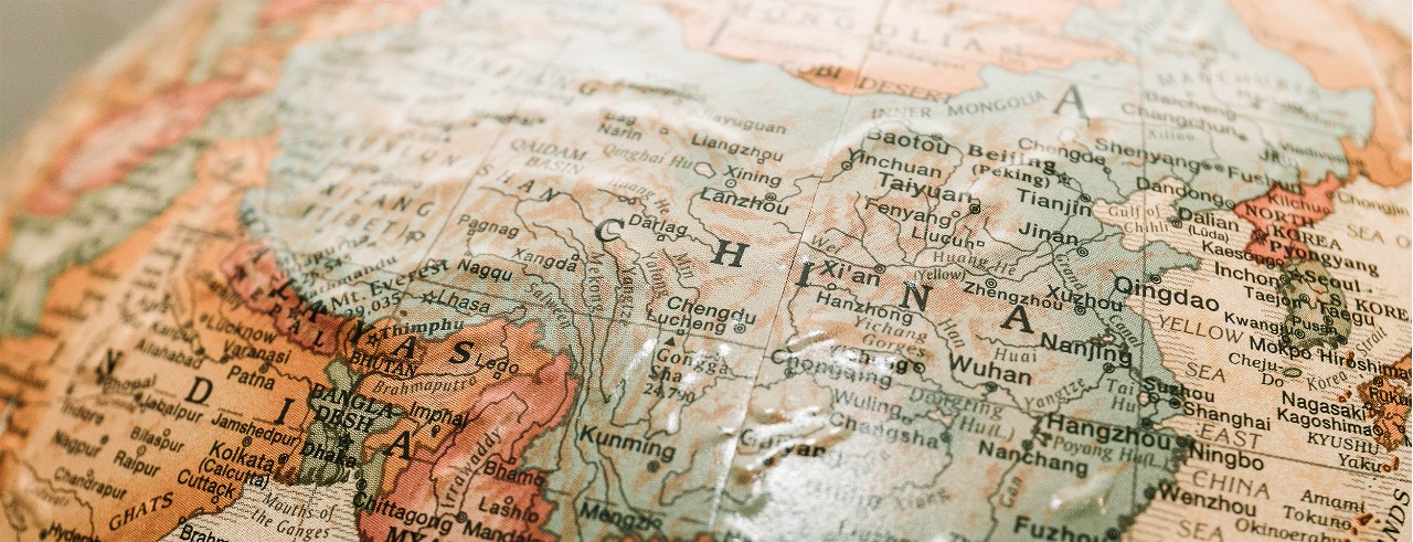 Closeup of relief globe with camera view centered over the country of China