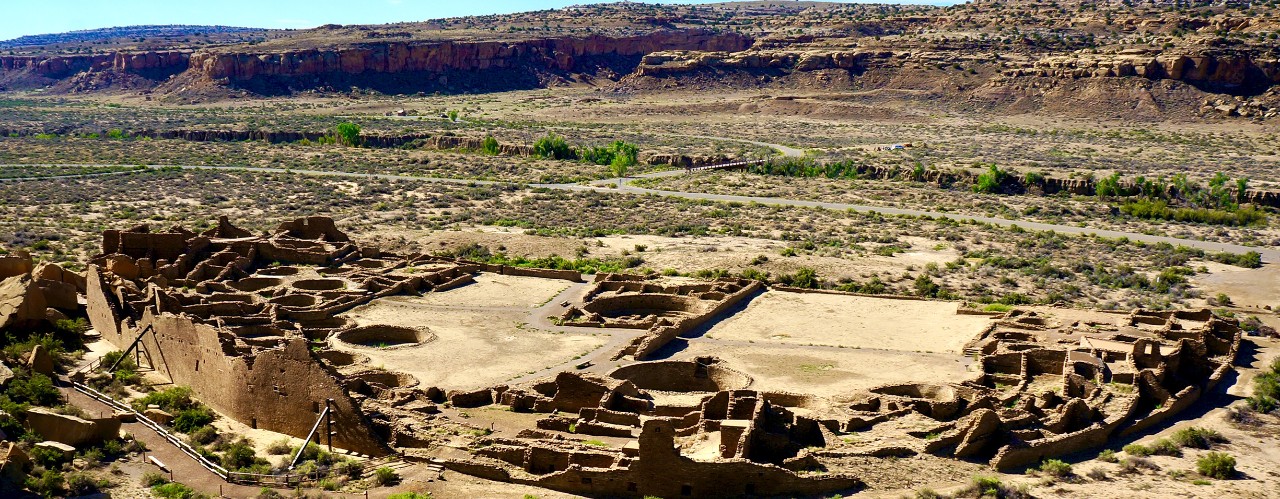 Chaco Canyon’s ancient Pueblo Bonito ruins in the new Mexico desert.