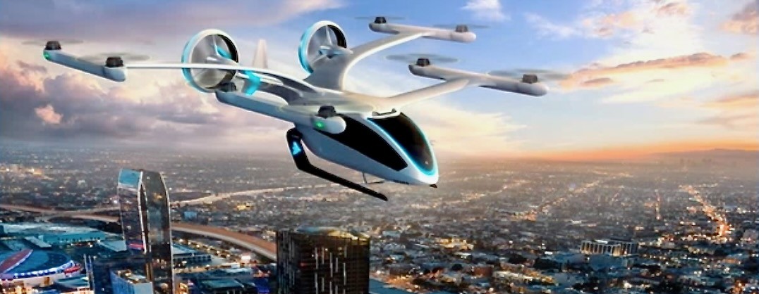 Rendering of an aerial drone flying over a cityscape.