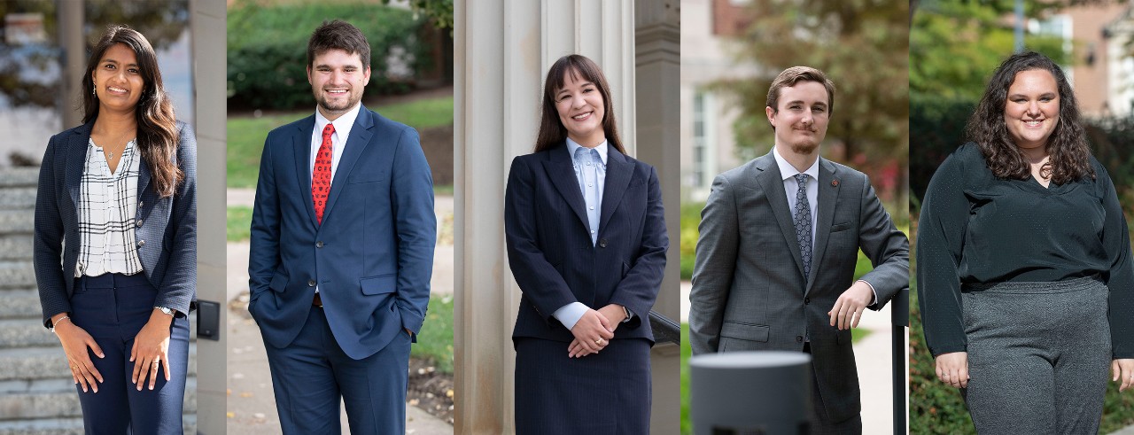 Five UC Law students posing individually on campus.