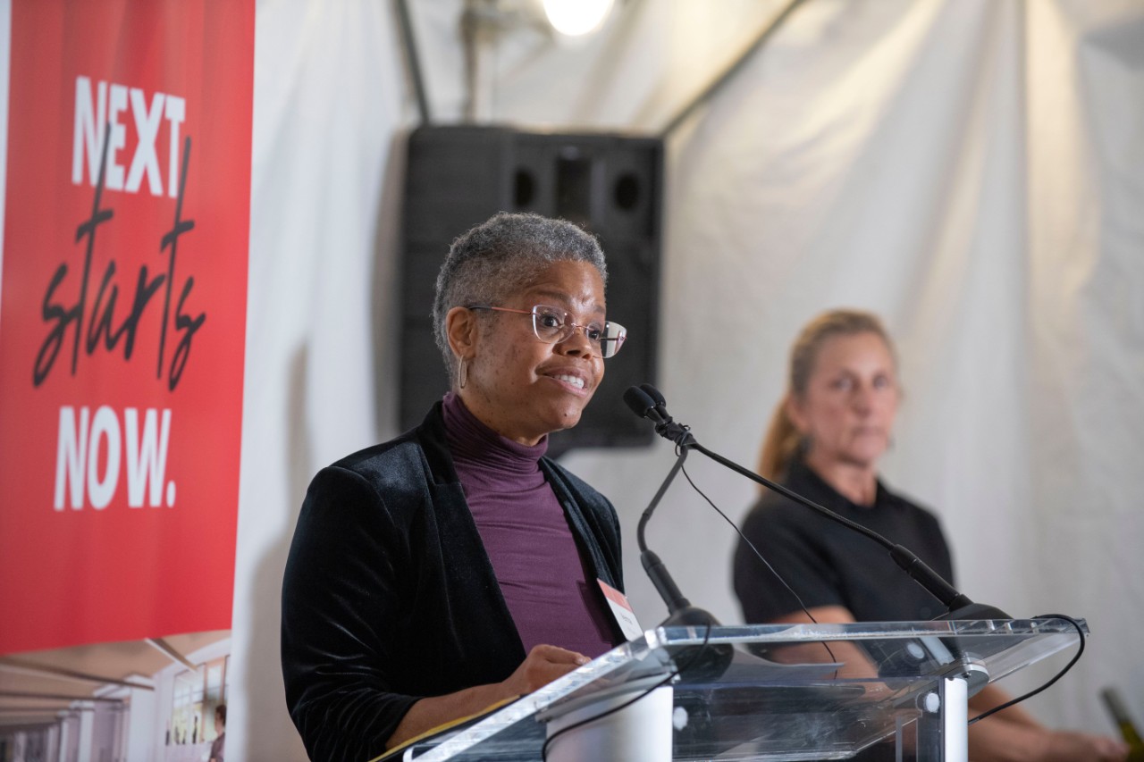 Dean Verna Williams at the beam signing ceremony for the UC College of Law. 