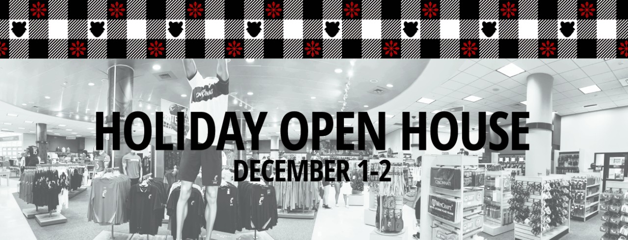 Plaid pattern and photo of store merchandise, headline reads Holiday Open House December 1-2