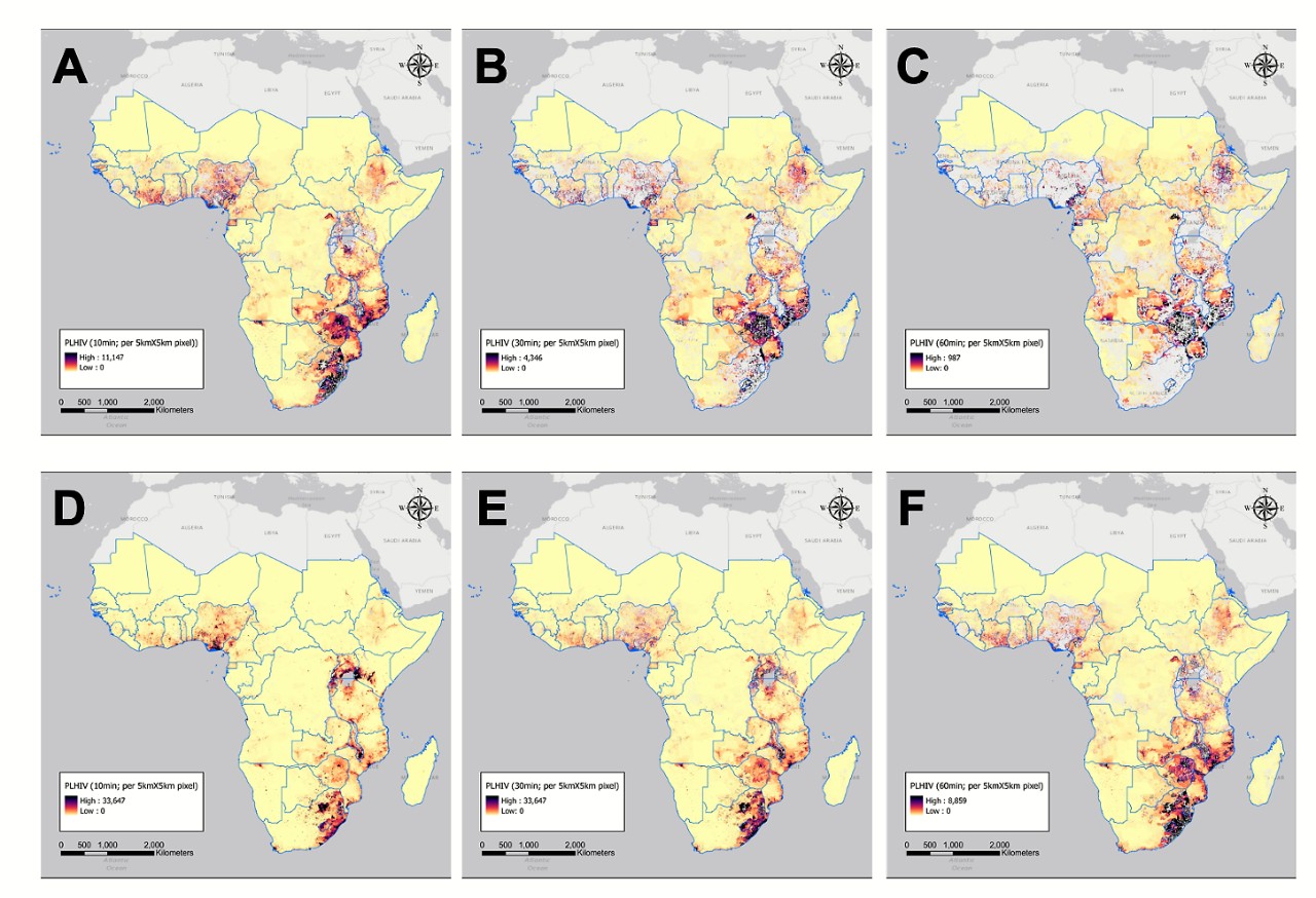 Six maps of Africa show HIV-positive populations living within a 10-, 30- or 60-minute walk or drive to the nearest health care provider.